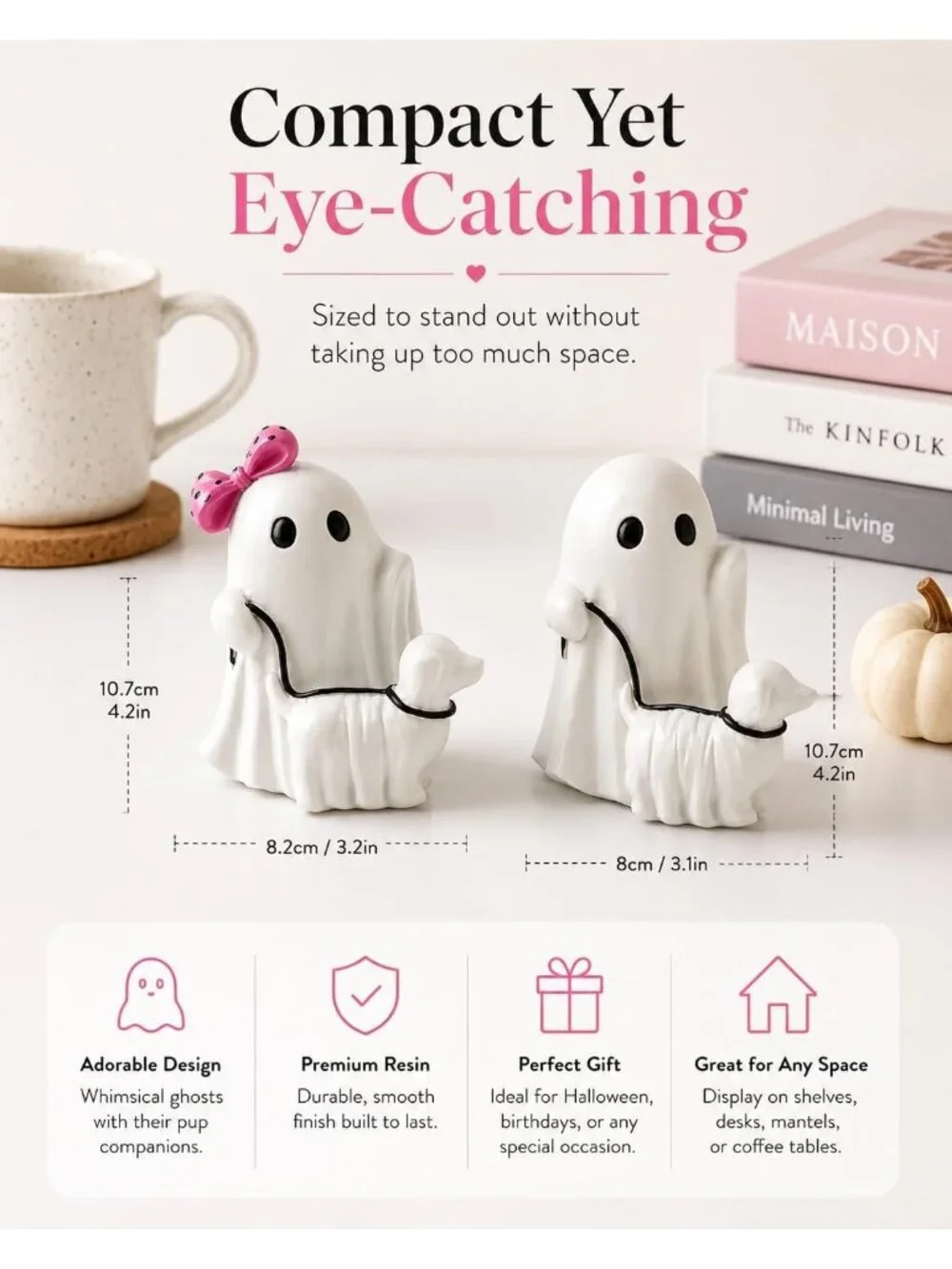 Ghost Walking Dog Halloween Figurine Cute Pink Bow Spooky Home Décor Statues